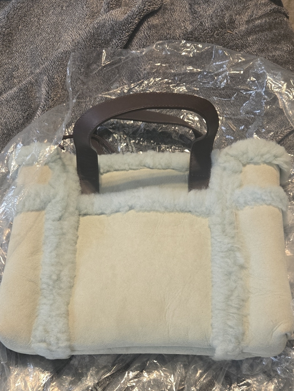 UGG Cream Shearling Tote with Brown Leather Handles